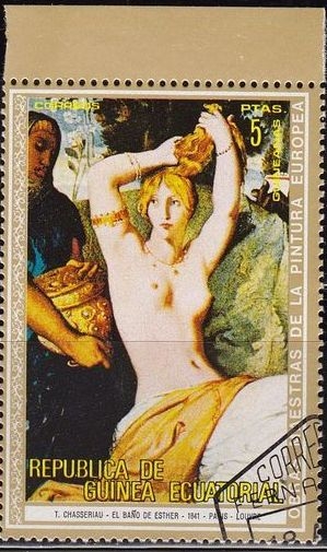z vendido Guinea Ecuatorial 1973 Michel 269 Sello * Pintura Chasseriau El Baño de Esther Mujeres Desnudas Guinée Equatoriale Preobliteré Matasello de favor Preobliterado